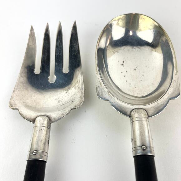 Ebony Handle and Silver Plate Salad Serving Spoon and Fork - Picture 2 of 6